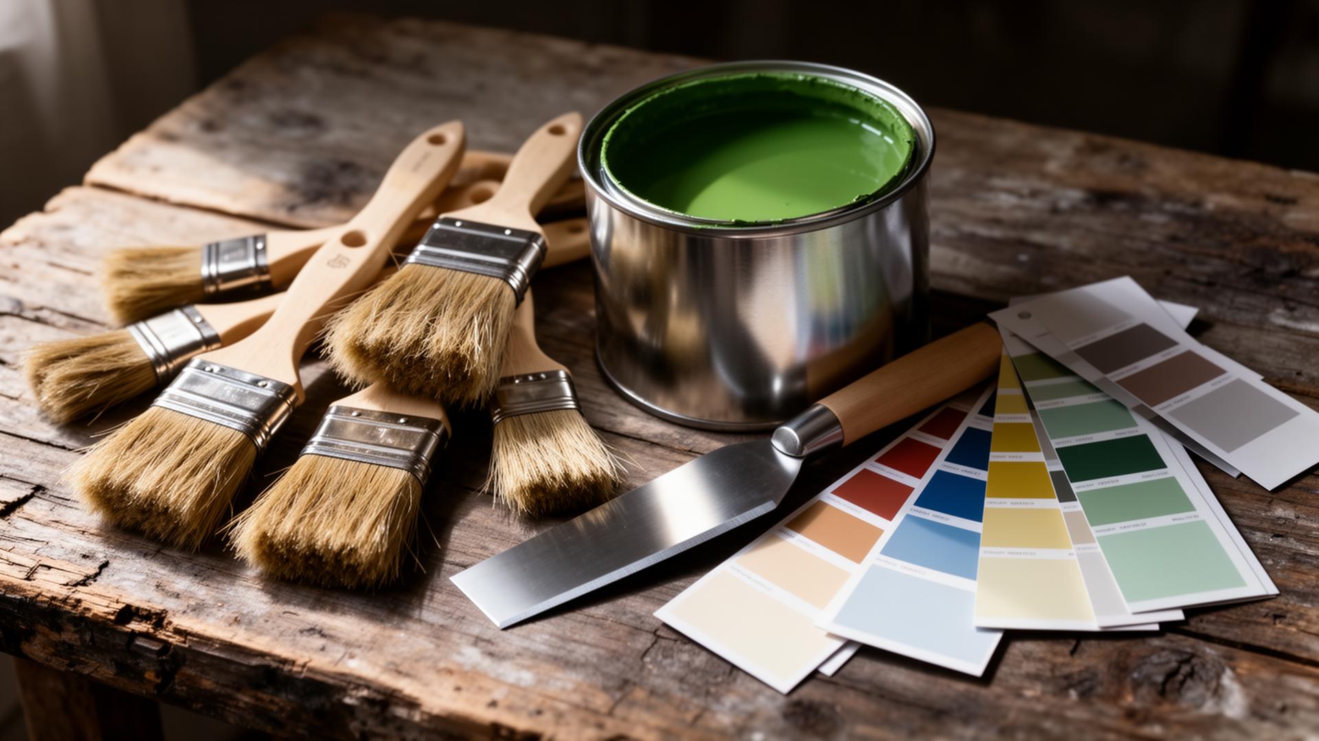 Paint cans, brush, and color swatches